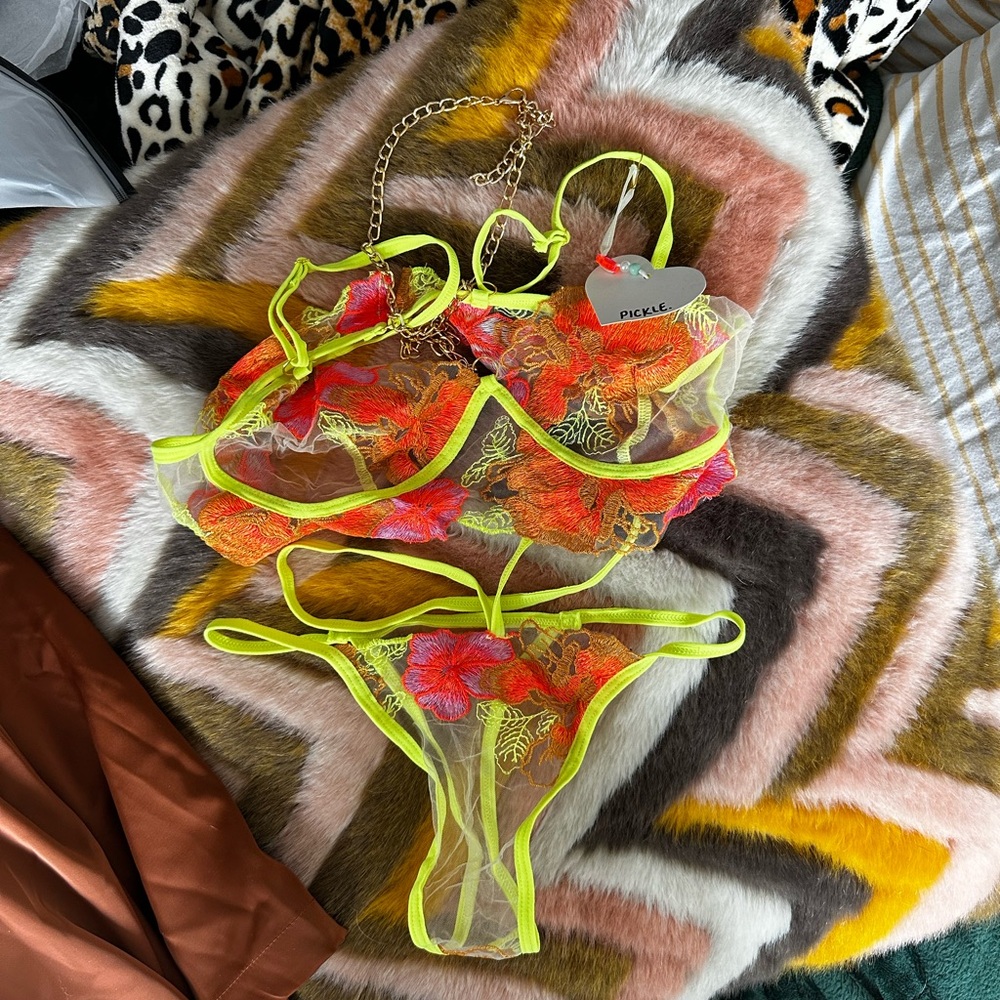 pickle. Neon Yellow and Red Sheer Lingerie Set